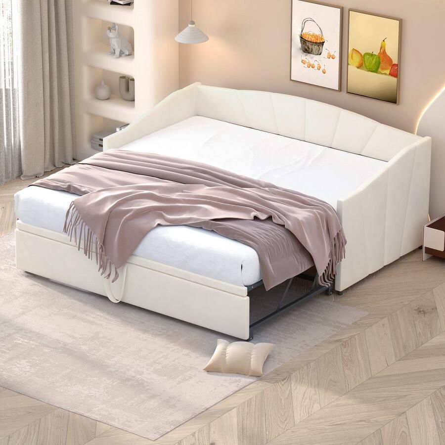 HAUSS SPOLE Slaapbank 90x200 cm Uitklapbaar Tweepersoonsbed Met Lattenbodem Zeer Comfortabel Fluweel Beige