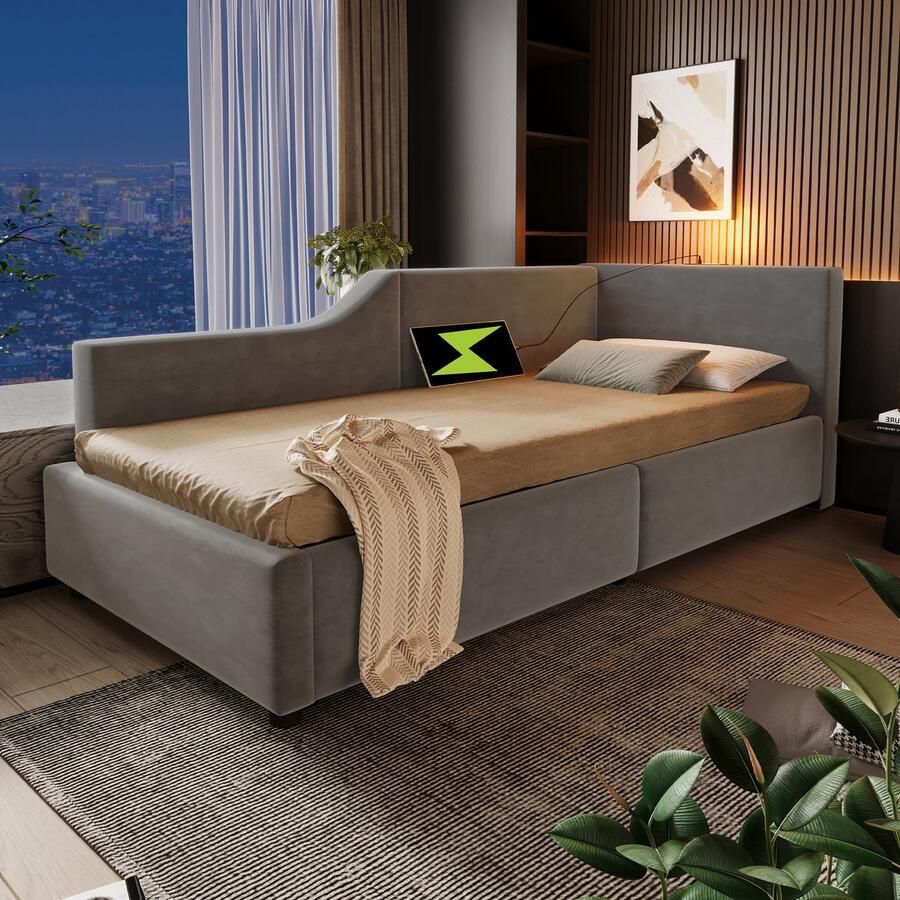 HAUSS SPOLE Slaapbank 90x200 cm Zetelbed met Hydraulische Opbergruimte en USB-C Oplaadfunctie Fluweel Grijs