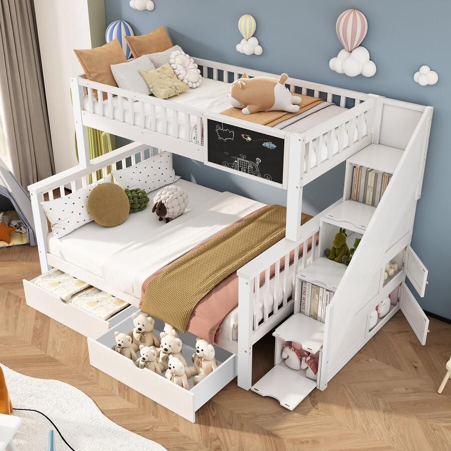HAUSS SPOLE Stapelbed 140x200cm Stapelbed 90x200cm Dubbelbed Met Tafel En Opberglades Met Trapkast Massief Hout Wit (Zonder matras)