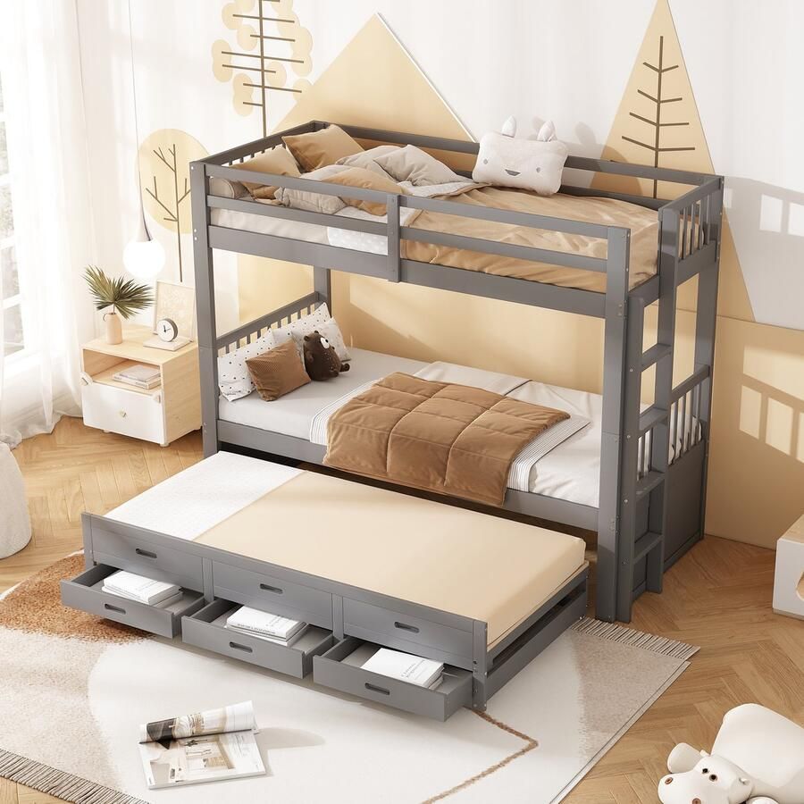 HAUSS SPOLE Stapelbed 90x200 cm Hoogslaper Met Uittrekbaar Bed En 3 Laden Praktisch Kinderbed Voor Ruimtebesparing Grenenhout Grijs