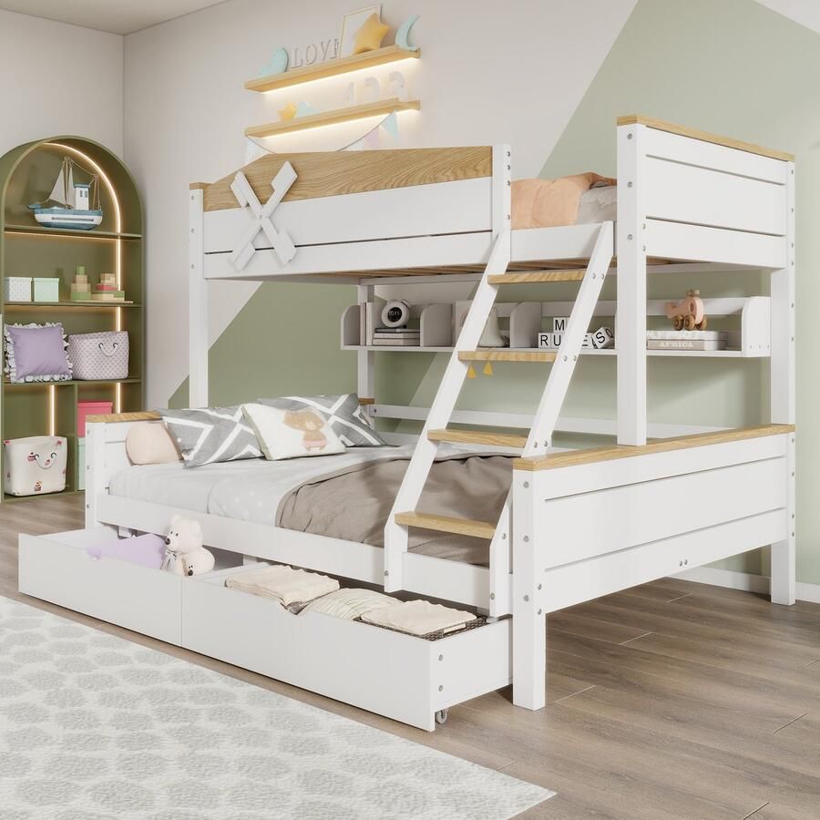 HAUSS SPOLE Stapelbedden voor Kinderen 90x200 & 140x200 Met Windmolen en Regalen Met Rausfallschutz en Viertraps Schrägleiter Hout Wit + Natuur
