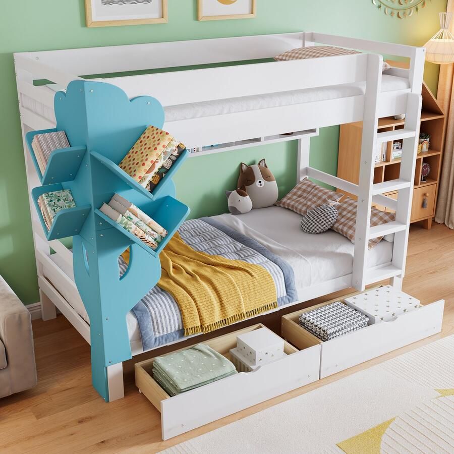 Merax Stapelbed kinderbed boomvormige boekenplank open planken 2 lades op wielen met valbeveiliging veel opbergruimte witblauw 90x200 cm