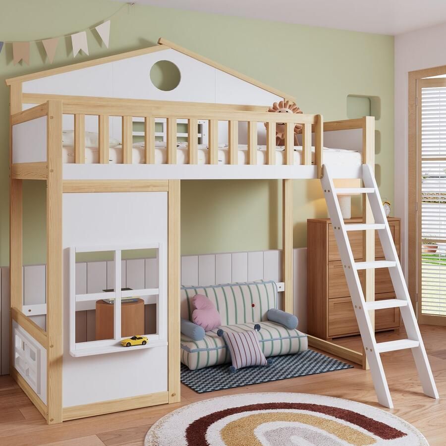 HAUSS SPOLE Stapelbedden Voor Kinderen 90x200 Hoogslaper Met Rausfallschutz Dak En Venster Hout Wit