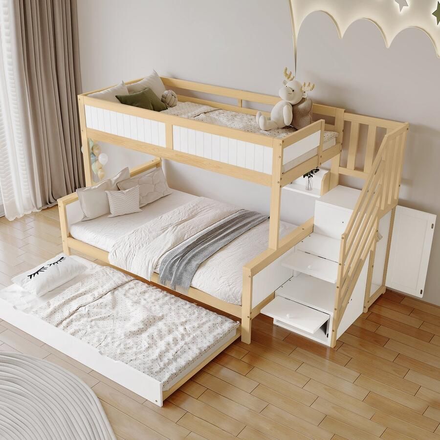 HAUSS SPOLE Stapelbedden voor kinderen 90x200 Kinderbed met 3 Bedposities en Opbergruimte Hout Wit