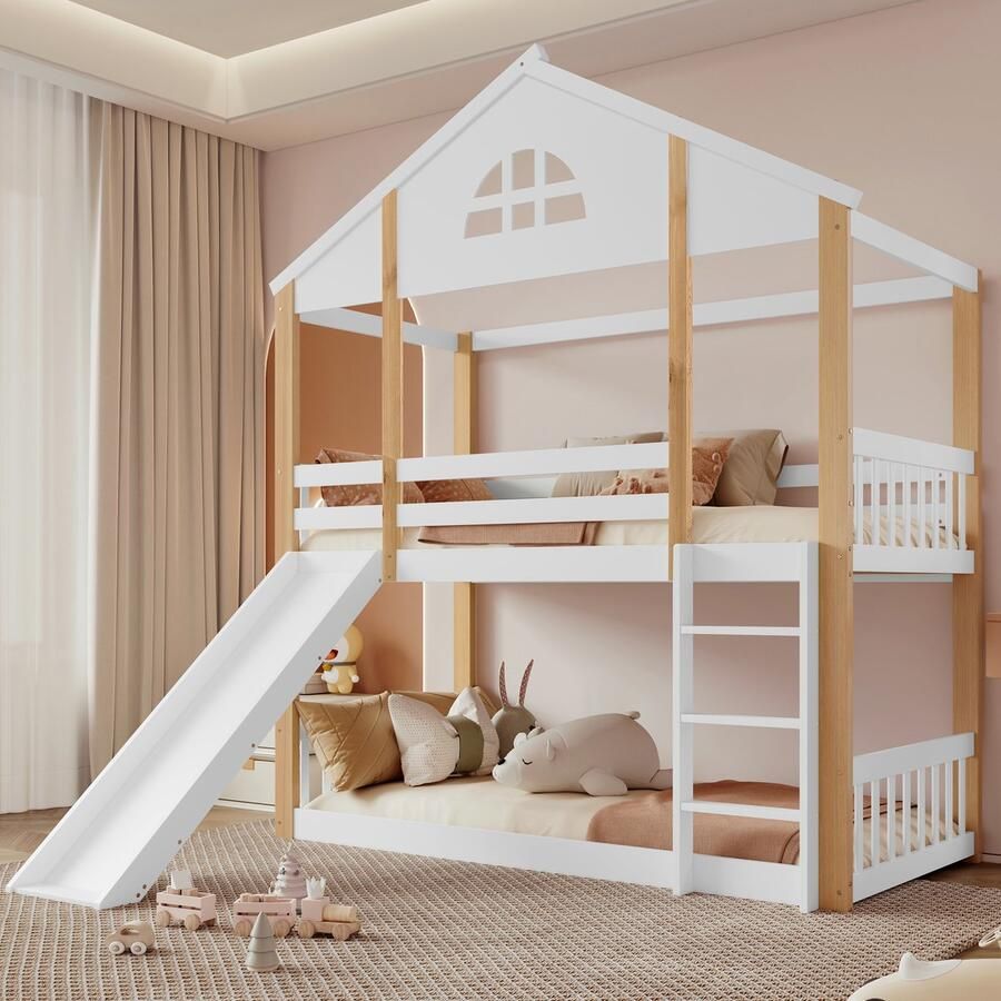 HAUSS SPOLE Stapelbedden voor Kinderen 90x200 Kinderbed met Glijbaan en Ramen Grenen + MDF Wit