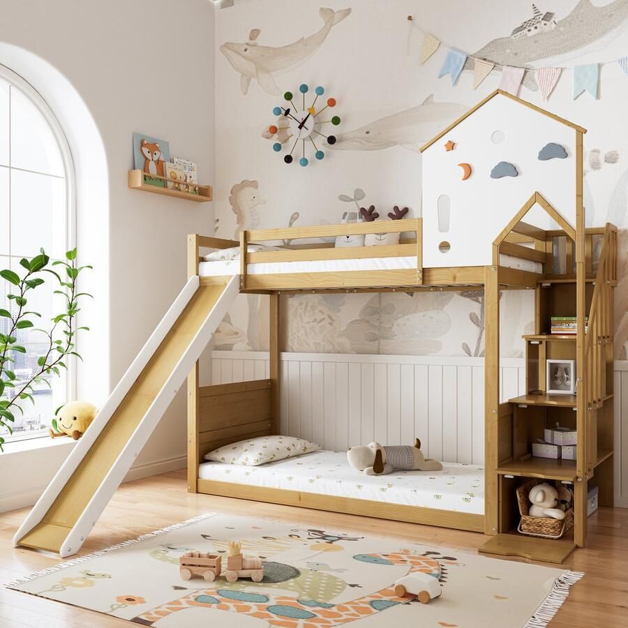 HAUSS SPOLE Stapelbedden voor kinderen 90x200 Kinderbed met Rutsche en Dachdesign Hout Wit Onbehandeld