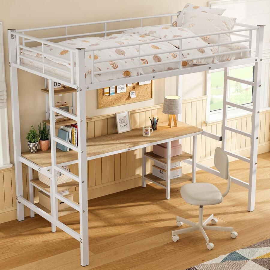 Merax Hoogslaper kinderbed met zijladder zonder matras bed met bureau en planken hoge reling wit 90 x 200cm