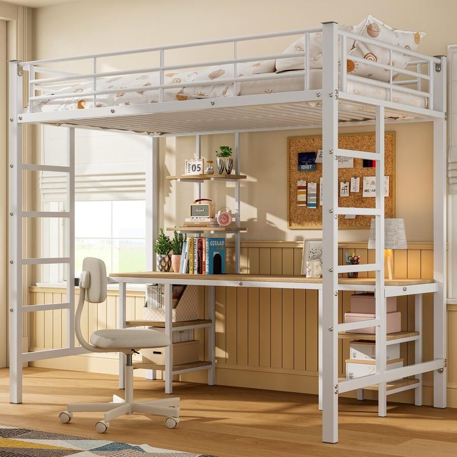 HAUSS SPOLE Stapelbedden voor Kinderen 90x200 Kinderbed met Tafel en Regalen Stabiele IJzeren Stangen Wit - Foto 2