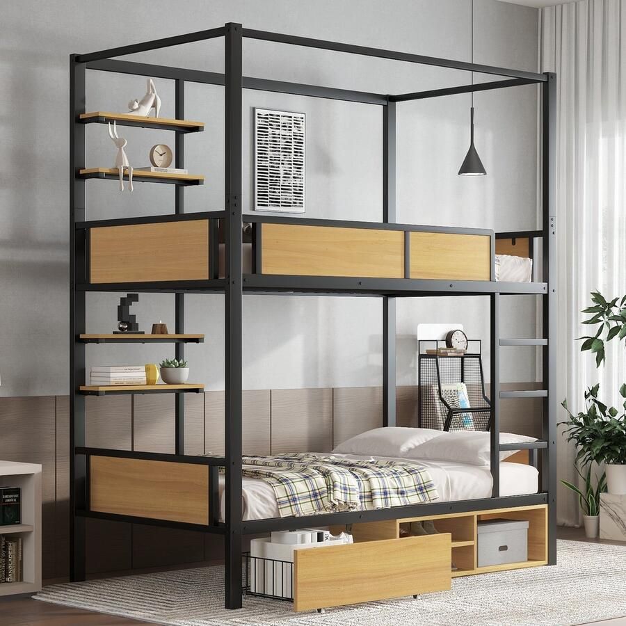 Merax Stapelbed Stevige leuningen en ladders Opbergruimte onder het bed Gordijnen om aan de bovenbedden te hangen Zwart Zonder matras