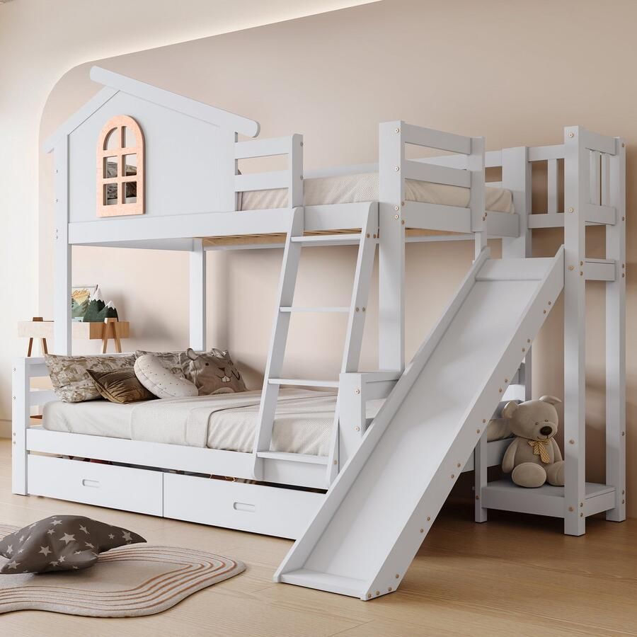 HAUSS SPOLE Stapelbedden Voor Kinderen 90x200 120x200 Kinderstapelbed Met Ladder Glijbaan En 2 Laden MDF Wit