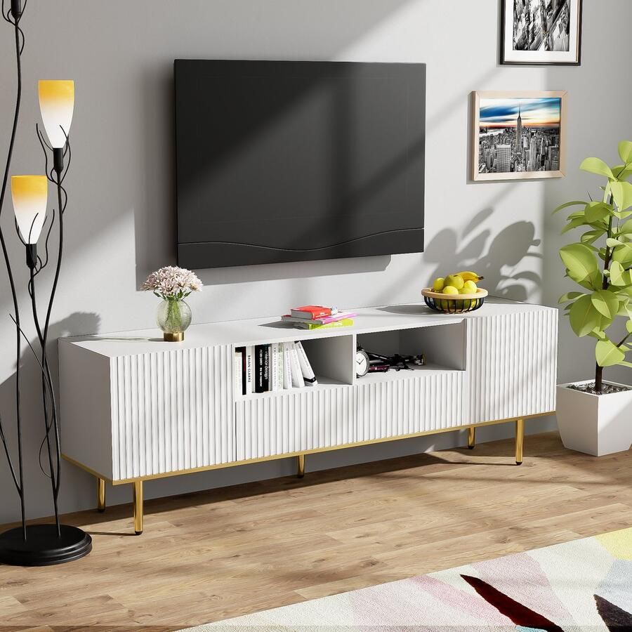 HAUSS SPOLE TV-kasten 165x36x55 cm TV meubel Met 2 Deuren En 2 Lades Praktisch En Stijlvol Rechthoekig Woonkamer En Slaapkamer Hout Wit