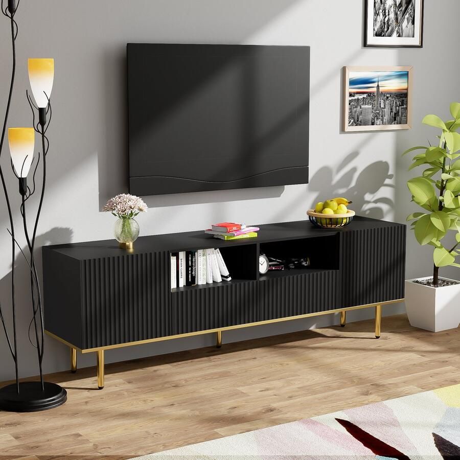 HAUSS SPOLE TV-kasten 165x36x55 cm TV meubel Met 2 Deuren En 2 Lades Praktisch En Stijlvol Rechthoekig Televisieaccessoires Hout Zwart