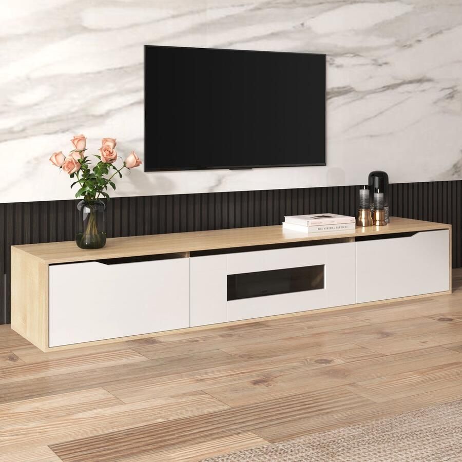 HAUSS SPOLE TV-kasten 180x30x35 cm TV meubel Met Hoogglans Afwerking Kleurveranderende LED-verlichting Rechthoekig Televisieaccessoires Spaanplaat Natuurlijk