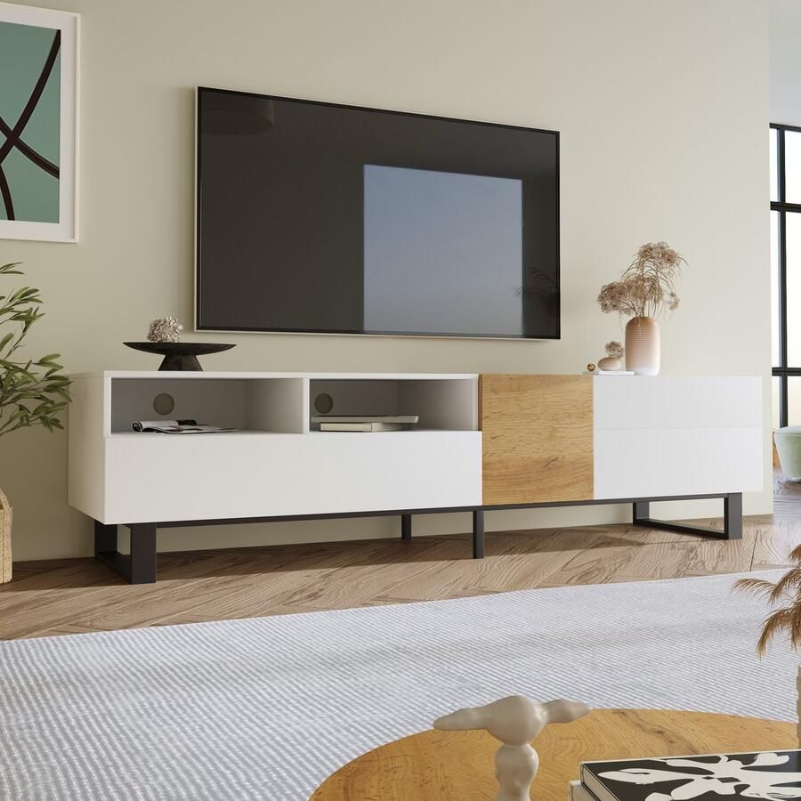 HAUSS SPOLE TV-kasten 180x38x50 cm TV meubel Met Grote Opbergruimte Met Onzichtbare Grepen Rechthoekig Modern Design MDF Wit + Houtkleur