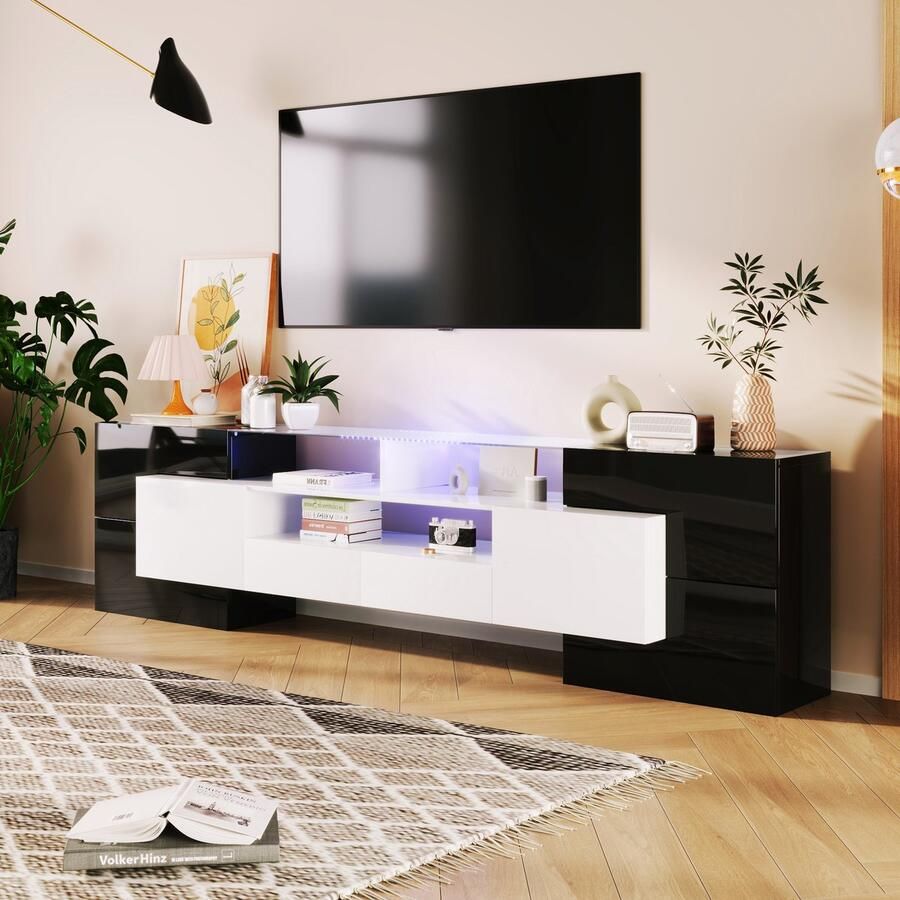 HAUSS SPOLE TV-kasten 200x35x60 cm TV meubel Met LED-verlichting Modern En Elegant Rechthoekig Televisieaccessoires Spaanplaat Zwart