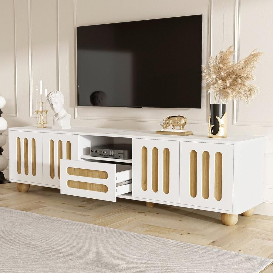 HAUSS SPOLE TV meubel Modern TV-Kast Met 4 Deuren 1 Lade LED-Verlichting Rechthoekig Voor Woonkamer 180 x 40 x 47 cm MDF + Spaanplaat Wit