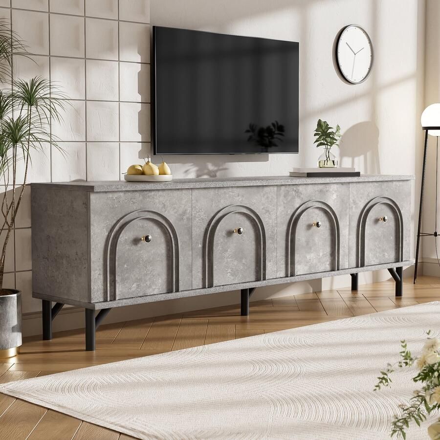 HAUSS SPOLE TV meubel TV-Kast Met 4 Deuren Soft-Close Scharnieren En Ruime Opbergruimte Modern Design 160 x 38 x 55 5 cm Spaanplaat Grijs