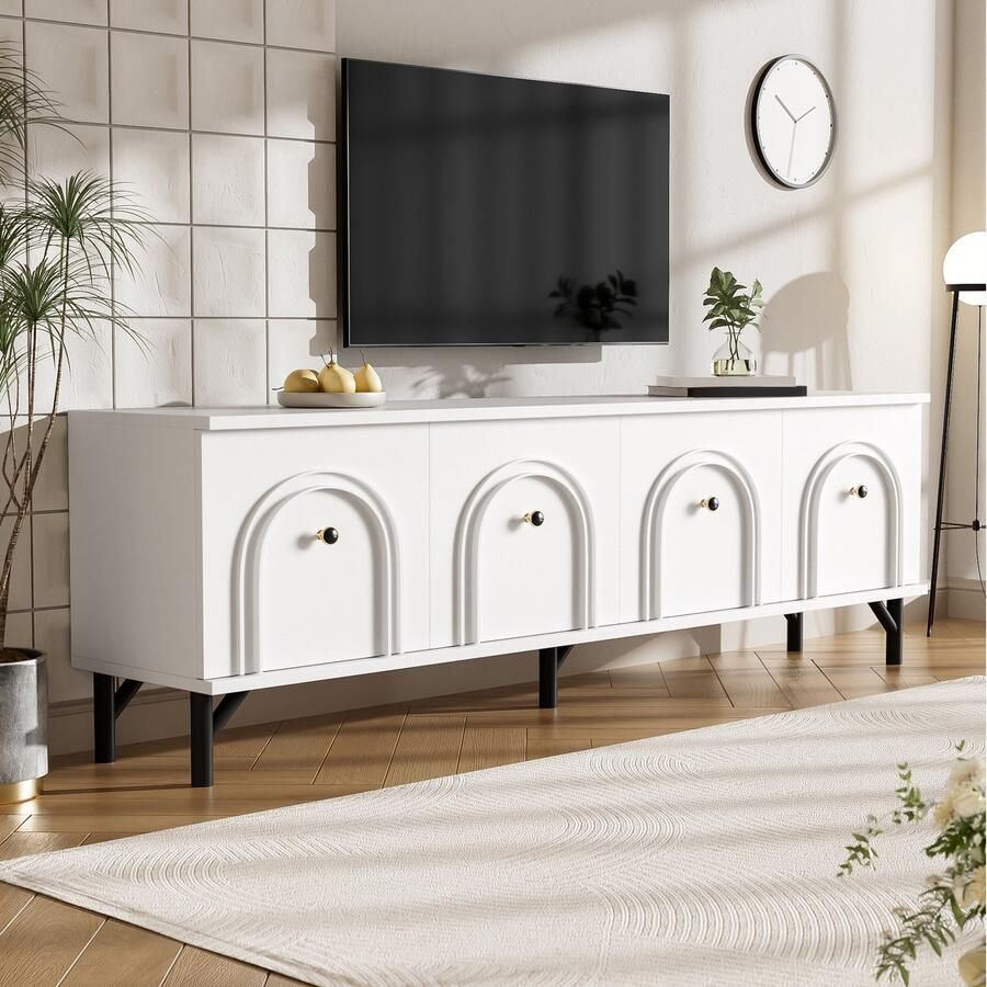 HAUSS SPOLE TV meubel TV-Kast Met 4 Deuren Soft-Close Scharnieren En Ruime Opbergruimte Elegant Boogfront 160 x 38 x 55 5 cm Spaanplaat Wit