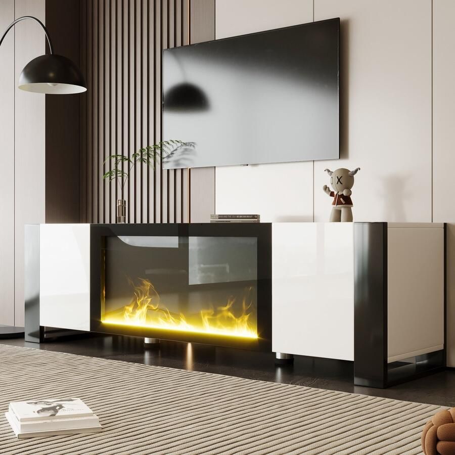 HAUSS SPOLE TV meubel TV-Kast Met Elektrische Haard Hoogglans Wit En Zwart Modern Design 165 x 32 x 55 cm Spaanplaat + Metaal + Kunststof Wit + Zwart