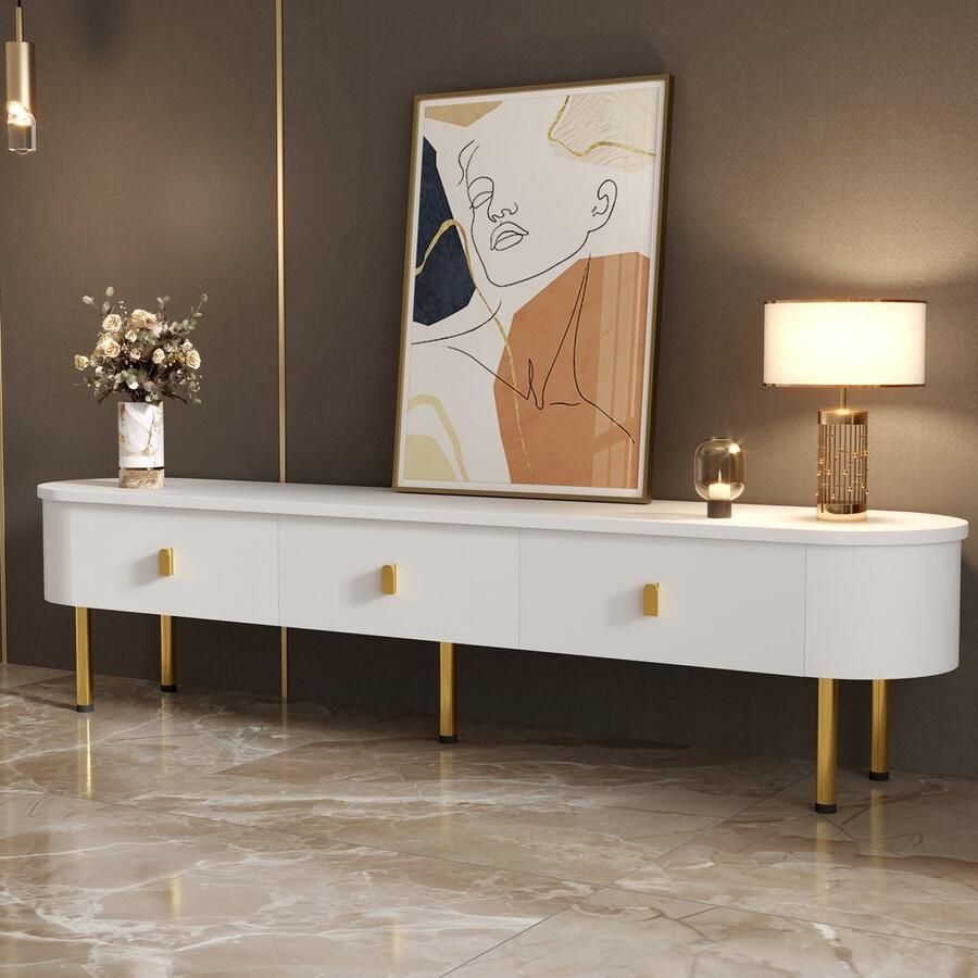 HAUSS SPOLE TV meubel TV-Kast Met Laden En Gouden Accenten Gebogen Hoeken Modern Woonkamermeubel 174 x 35 x 41 cm MDF Wit