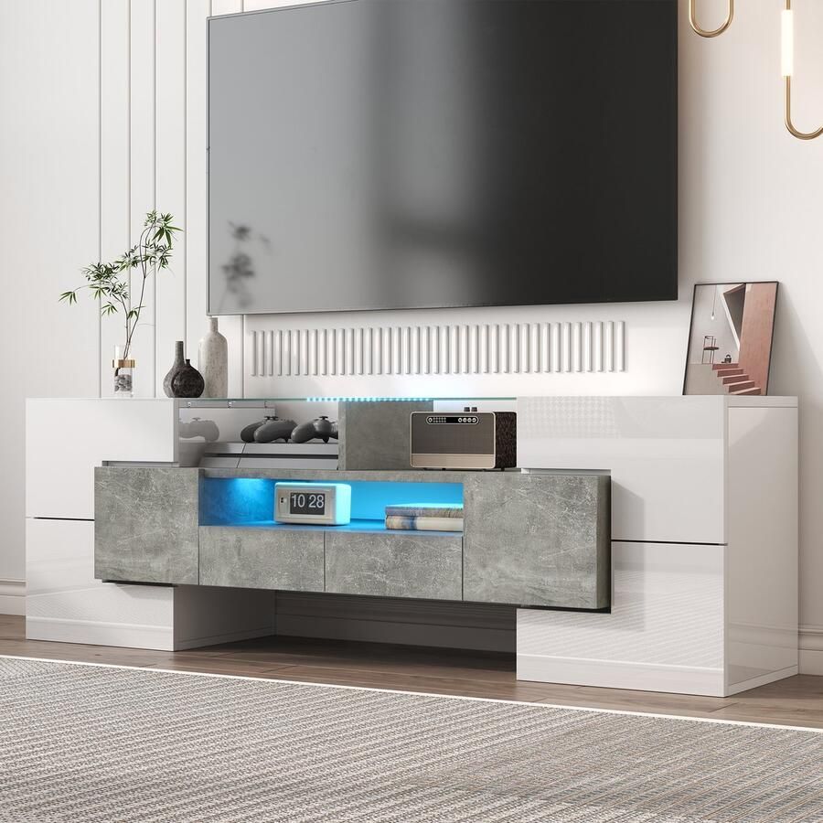 HAUSS SPOLE TV meubel TV-Kast Met LED-Verlichting En Stauraum Modern Design Met Glazen Oppervlakte 145 x 30 x 51 cm Spaanplaat + MDF + Glas Wit