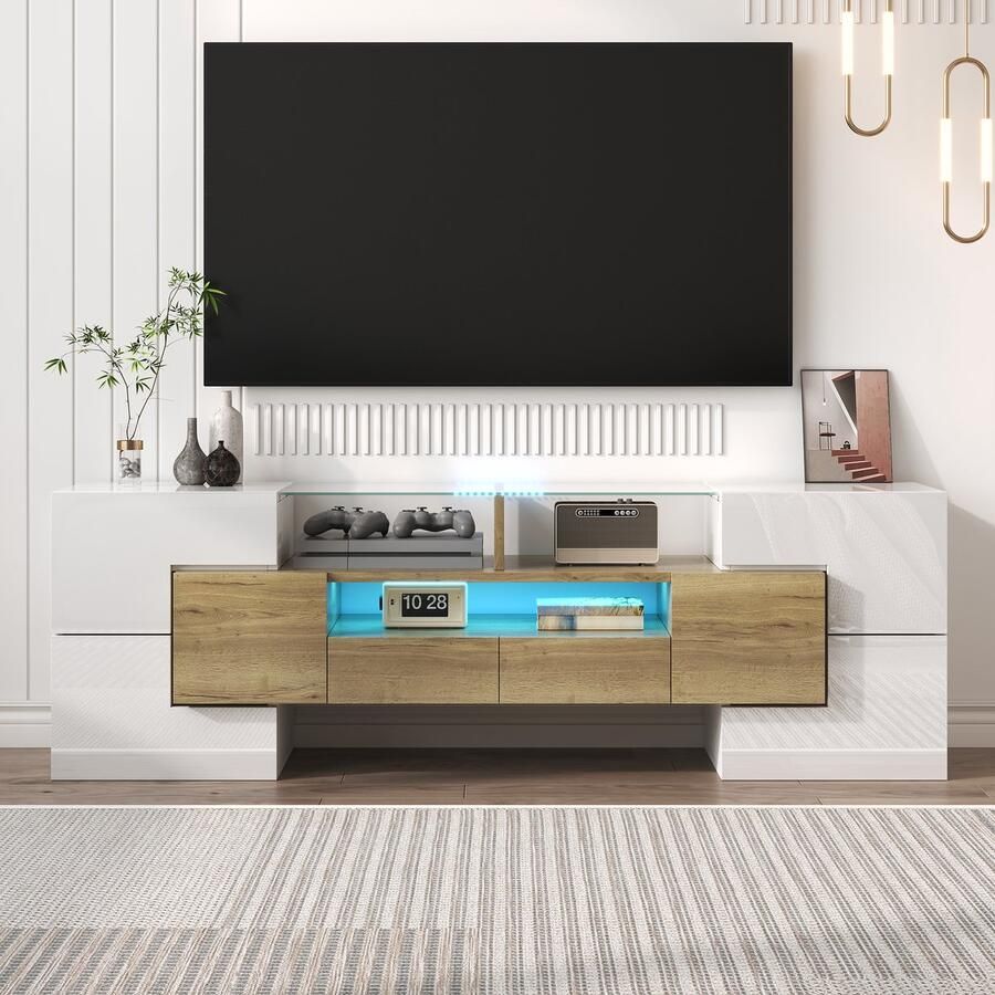 HAUSS SPOLE TV meubel TV-Kast Met LED-Verlichting En Stauraum Modern Design Met Glazen Oppervlakte 145 x 30 x 51 cm Spaanplaat + MDF + Glas Wit + Goud