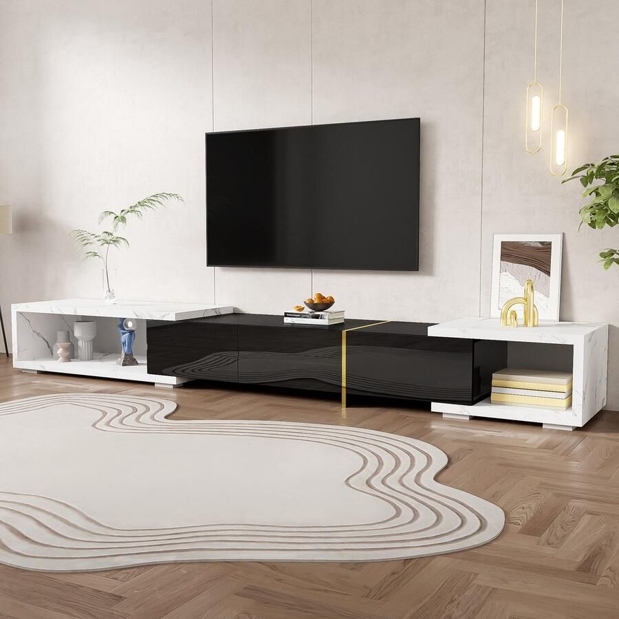HAUSS SPOLE TV meubel TV-Kast Met Variabele Lengte En Draaiende Functie Modern Design Met Marmerlook 140-260 x 40 x 30 cm MDF + Spaanplaat Wit + Zwart