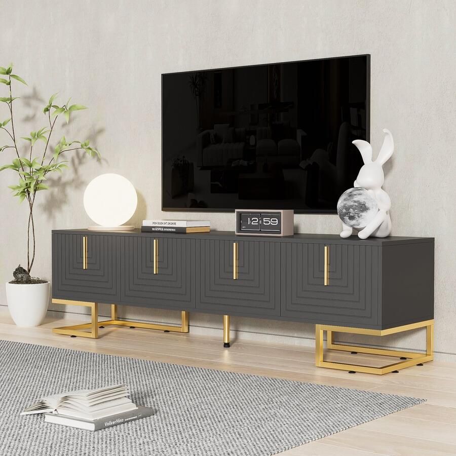 HAUSS SPOLE TV meubel TV-Lowboard Met 4 Deuren Gouden Handgrepen En Poten Rechthoekig Voor Woonkamer Eetkamer En Slaapkamer 170 L x 40 B x 45 5 H cm Spaanplaat Grijs