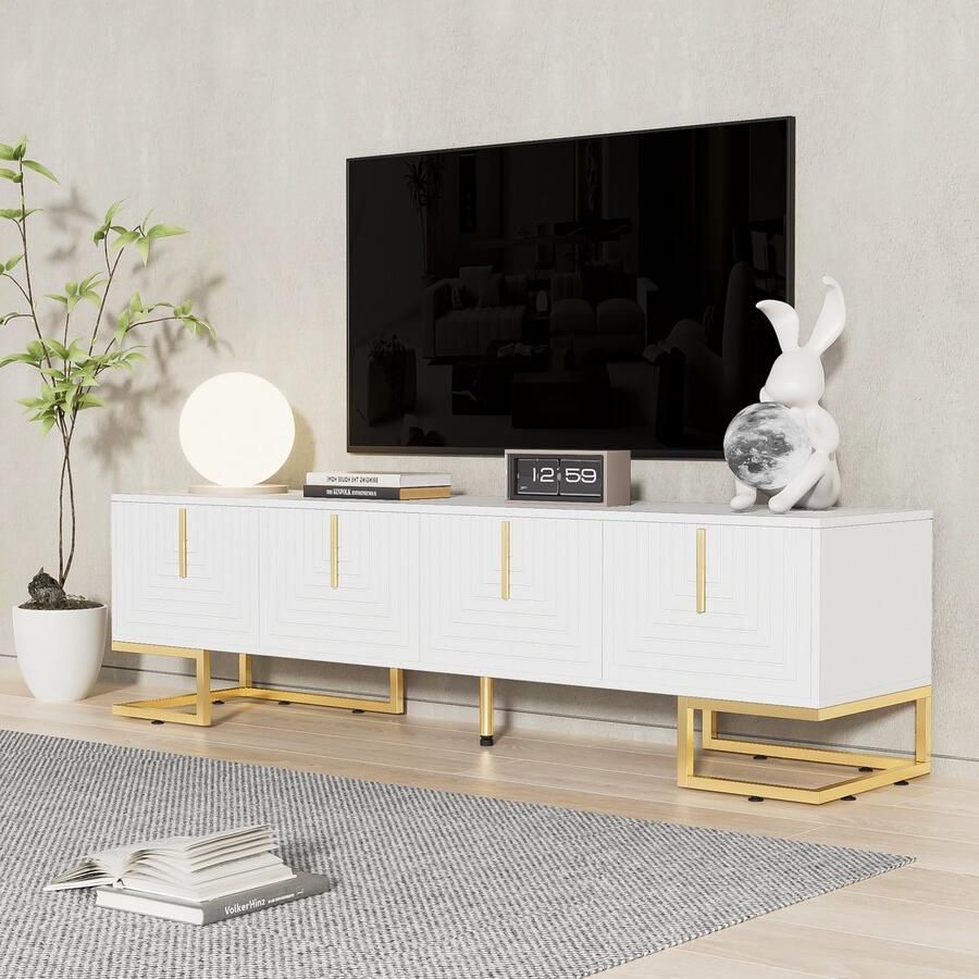 HAUSS SPOLE TV meubel TV-Lowboard Met 4 Deuren Luxe Gouden Handgrepen En Poten Rechthoekig Voor Woonkamer Eetkamer En Slaapkamer 170 L x 40 B x 45 5 H cm Spaanplaat Wit