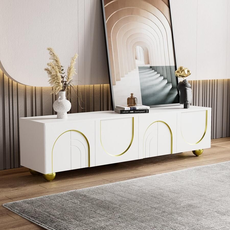 HAUSS SPOLE TV meubel TV-Lowboard Met 4 Gestructureerde Deuren Verstelbare Trennwanden Rechthoekig Voor Woonkamer Eetkamer En Slaapkamer 170 x 38 x 44 cm Spaanplaat Wit en Goud