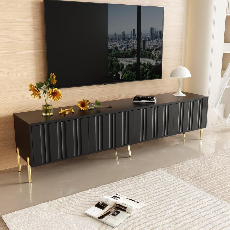 HAUSS SPOLE TV meubel TV-Lowboard Met Groot Stauraum En Gerilltes Türdesign Modern & Praktisch Rechthoekig Voor Woonkamer 190 L x 38 B x 48 H cm MDF + Spaanplaat Zwart