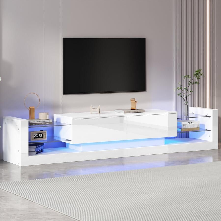 HAUSS SPOLE TV Meubel Vorm 181x38x38 cm Hangend TV Kast Met LED-Verlichting Voor Flatscreens Tot 80 Inch Hoogglans Hout Wit