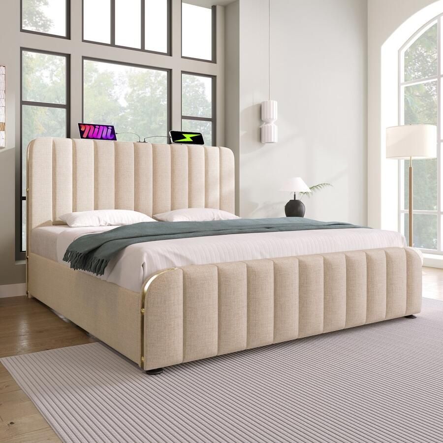 HAUSS SPOLE Tweepersoonsbedden 140x200 cm Gestoffeerd Bed met Gouden Strepen Hydraulisch Bed met Opbergruimte en USB Type C Inclusief Lattenbodem Linnen Beige
