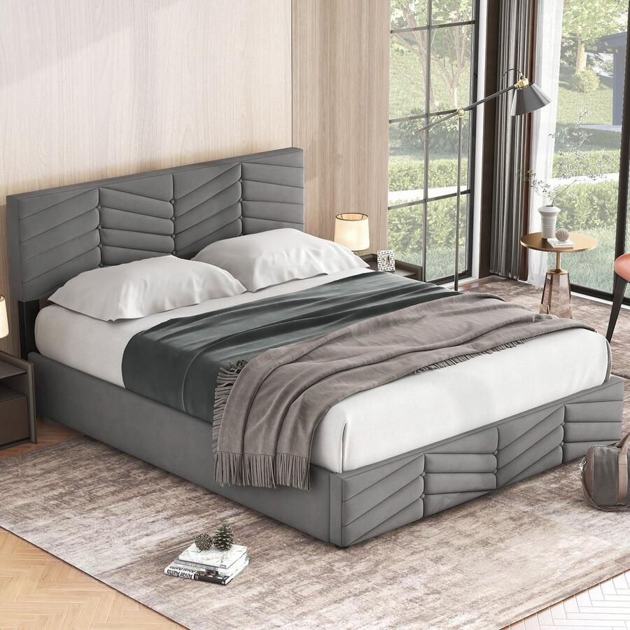Merax Gestoffeerd bed 140 x 190 cm Tweepersoonsbed opbergbed met veel opbergruimte Verstelbaar hoofdeinde Zonder matras Grijs