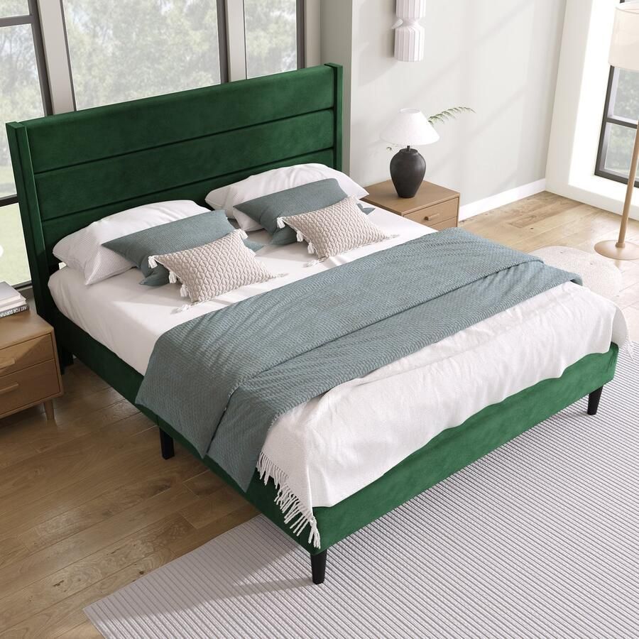 Merax Polsterbed 140x200cm Gepolst kopstuk fluweel donkergroen modern design (zonder matras)