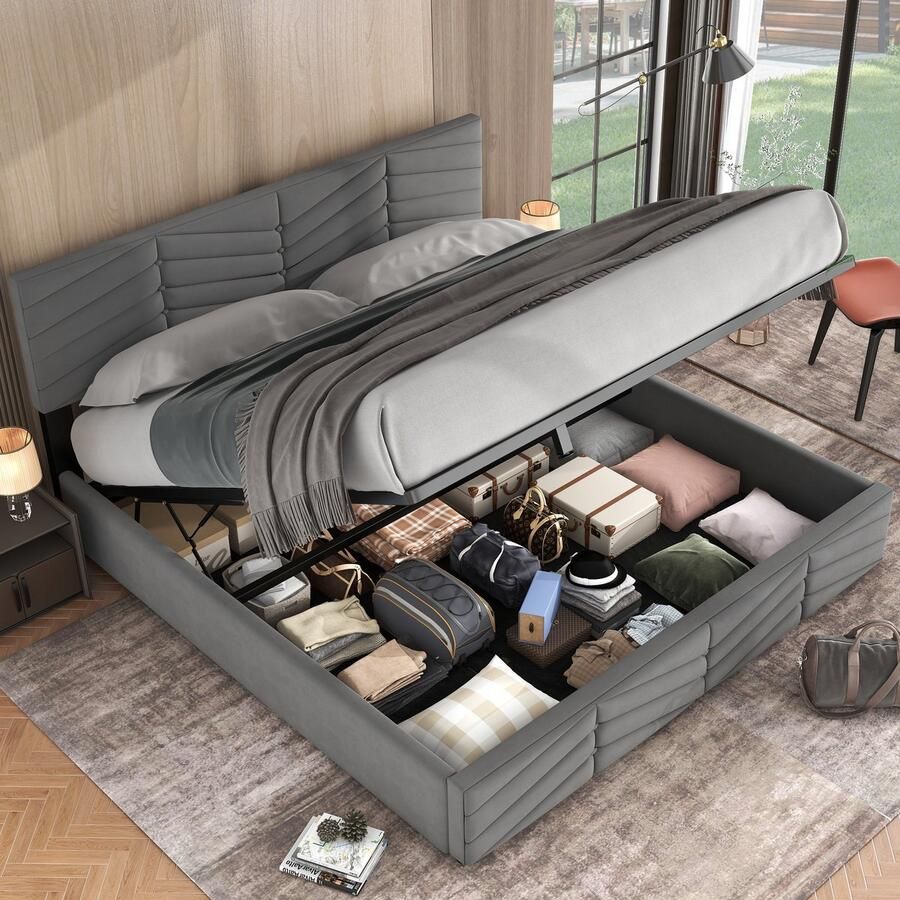 Merax Gestoffeerd bed 160 x 200 cm Tweepersoonsbed opbergbed met veel opbergruimte Verstelbaar hoofdeinde Zonder matras Grijs