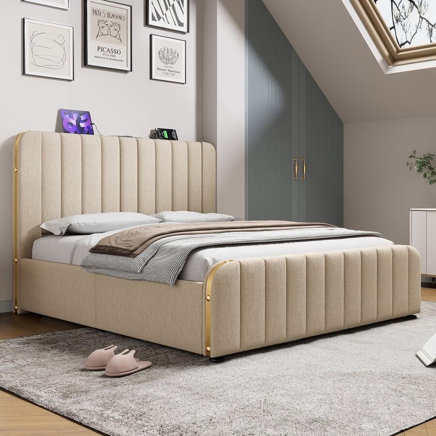 HAUSS SPOLE Tweepersoonsbedden 180x200 cm Gestoffeerd Bed met Gouden Strepen Hoofdbord USB Type-C Opladen Hydraulisch Bed met Opbergruimte Linnen Beige