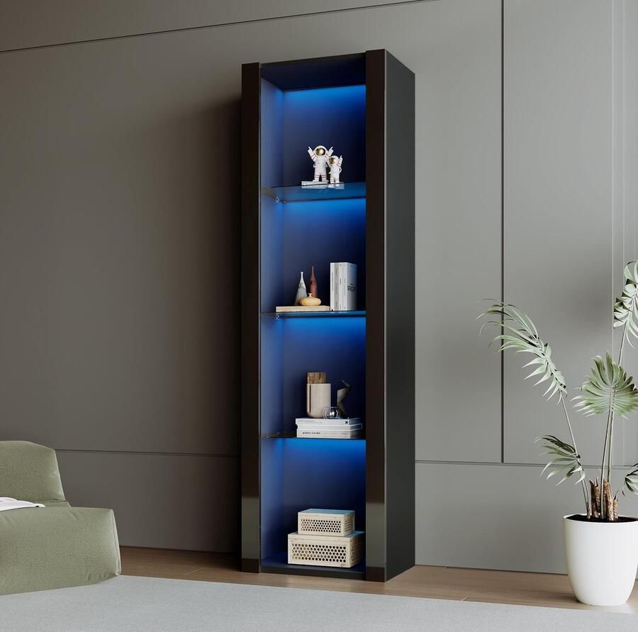 HAUSS SPOLE Vitrinekast 55x38x166cm Buffetkast met Glasplaten en LED-Verlichting Modern Design Spaanplaat Zwart