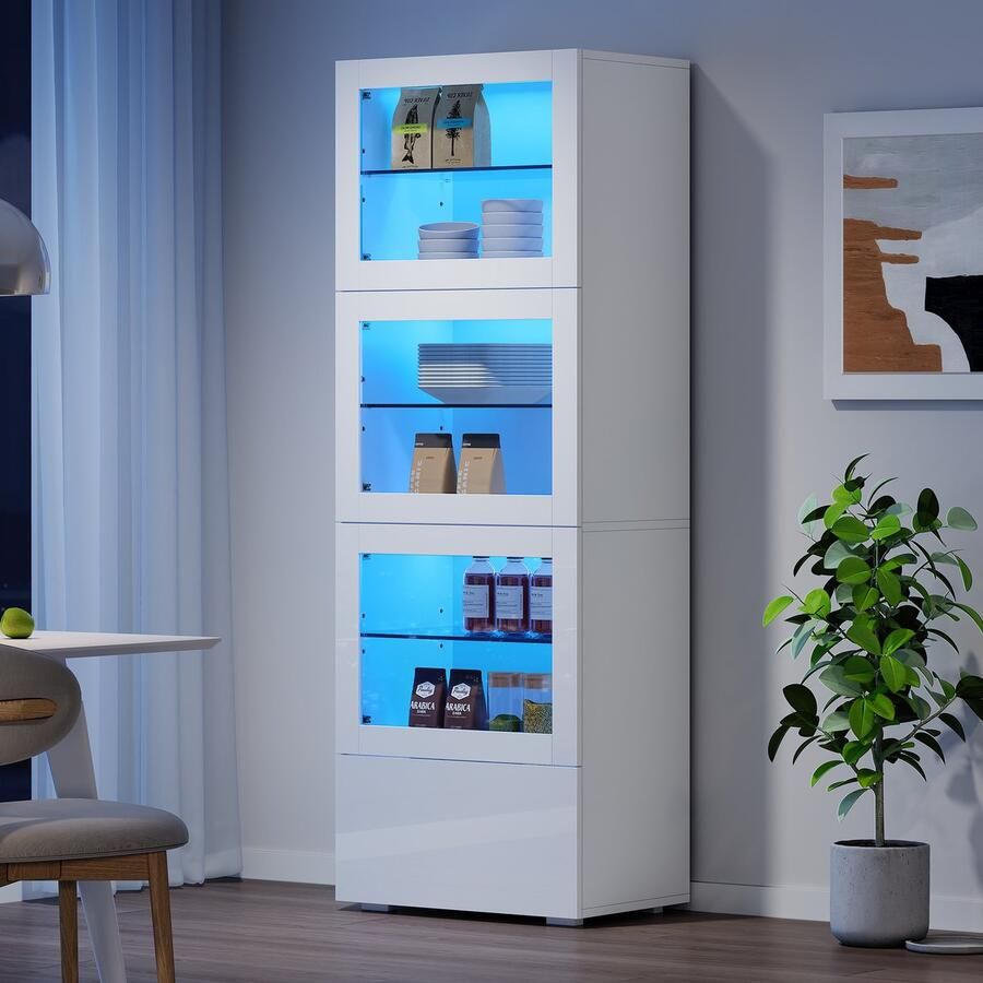 HAUSS SPOLE Vitrinekast Highboard Met LED-Verlichting En 3 Glasplanken 3 Deuren En 1 Lade 60x40x173 cm MDF Wit