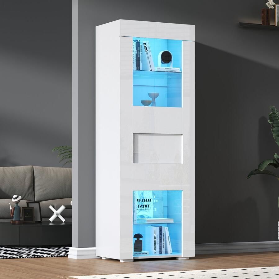 HAUSS SPOLE Vitrinekast Highboard Met LED-Verlichting Hoogglans Oppervlak En Glasplanken 60x40x170 cm MDF Wit