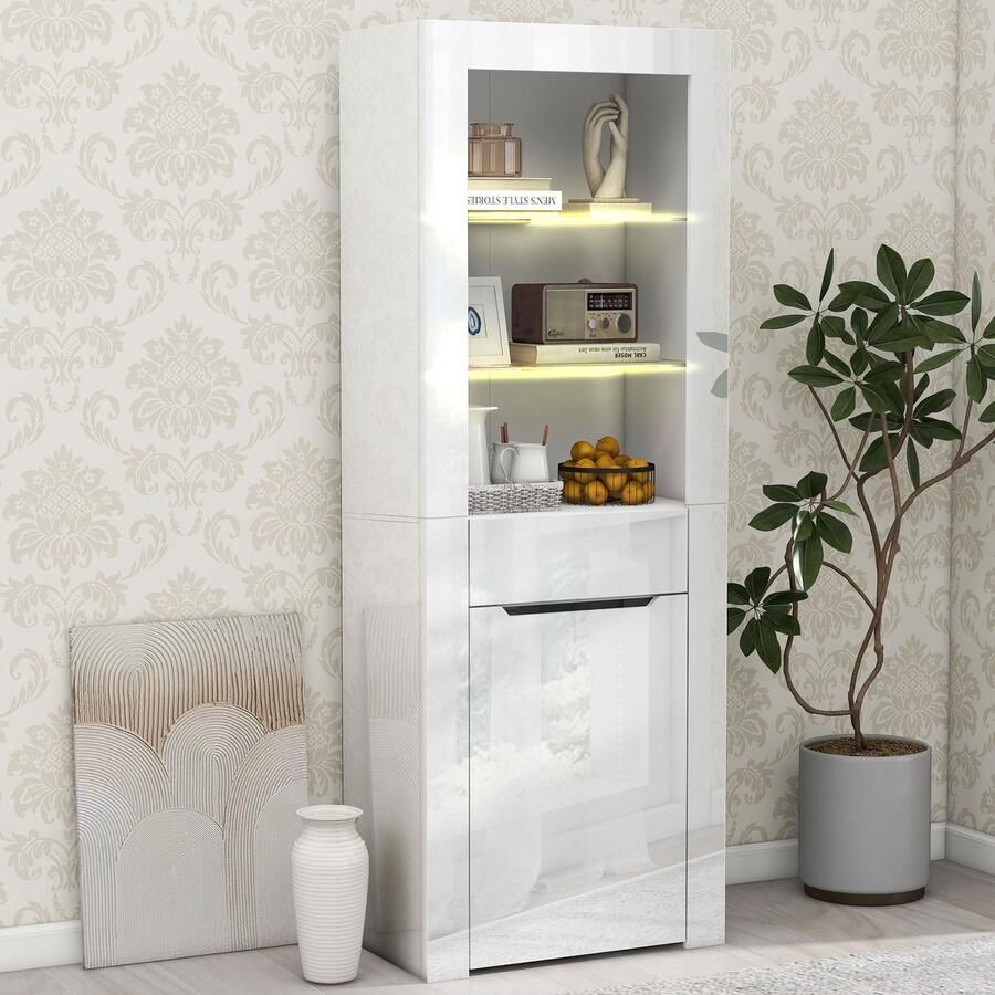 HAUSS SPOLE Vitrinekast Met Led Verlichting En Opbergruimte Staande Kast Met Schappen En Lade Modern Voor Woonkamer Of Kantoor 60×35 5×165 cm Spaanplaat Wit