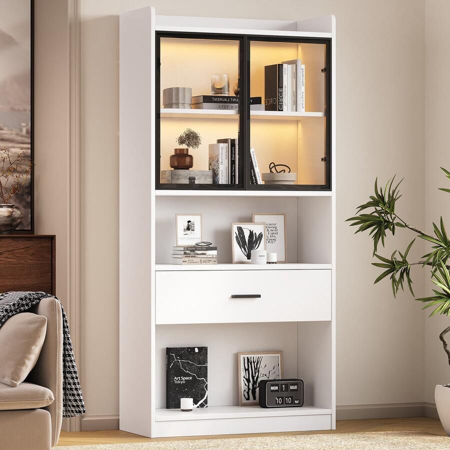 HAUSS SPOLE Vitrinekast Pop-up Glazen Deuren Met Led Verlichting Sideboard Met Schubladen En Boekenrek Modern 80×35 2×153 5 cm Spaanplaat + Aluminium Frame + Gehard Glas Wit