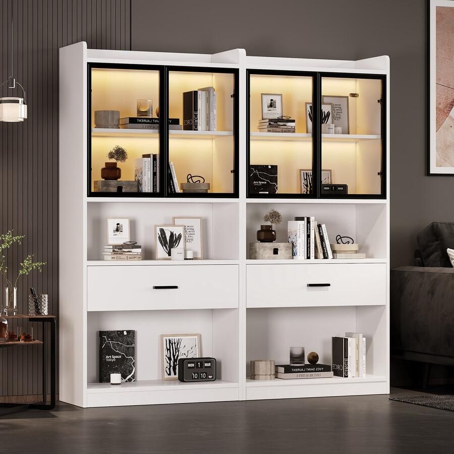 HAUSS SPOLE Vitrinekast Set van 2 Highboard Met Lade En Display Rek Pop-up Glazen Deuren Met Led Verlichting Modern Staand 35 2×160×153 5 cm Spaanplaat + Aluminium Frame + Gehard Glas Wit