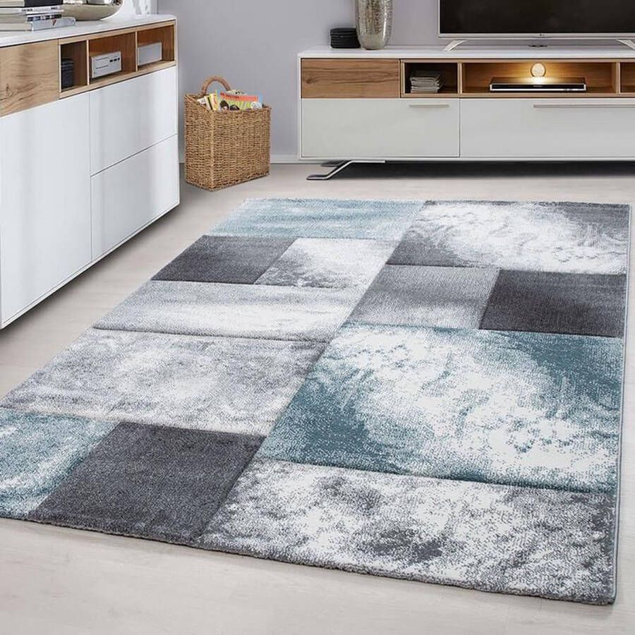Hawaii Laagpolig vloerkleed geruit patroon blauw woonkamerkleed jute achterkant afmeting: 80 x 300 cm
