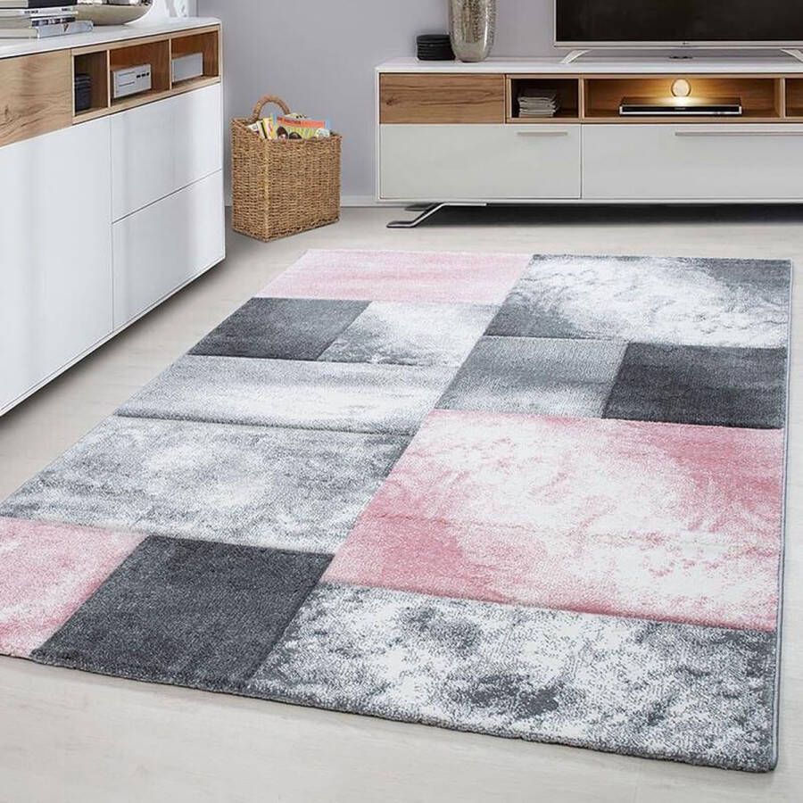 Hawaii Kortpolig vloerkleed geruit patroon roze woonkamerkleed jute achterkant afmeting: 80 x 300 cm
