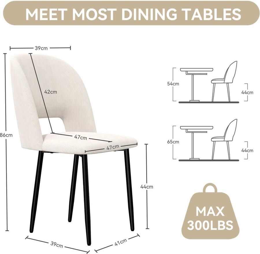 Hawthyhome Gama Eetkamerstoel- Set van 2- Ribfluwelen Bekleding- Eenvoudige Eetkamerstoel-Beige-Scandinavian Style