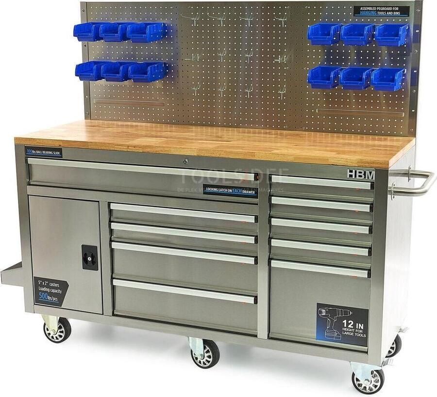 HBM machines HBM 158 cm 10 Laden Werkbank met Deur en Achterwand RVS