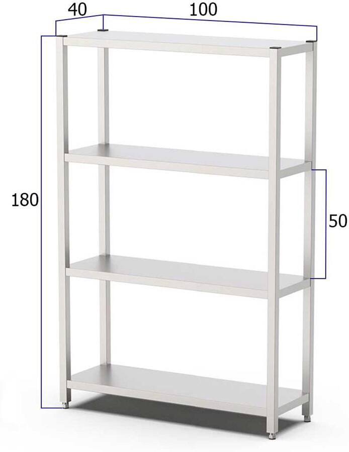 HCB Opbergrek metaal stellingkast 120 x 40 x 180 cm RVS INOX keuken stelling Metalen wandrek 40x100x180 cm (DxBxH) 50 kg 7785 - Foto 3