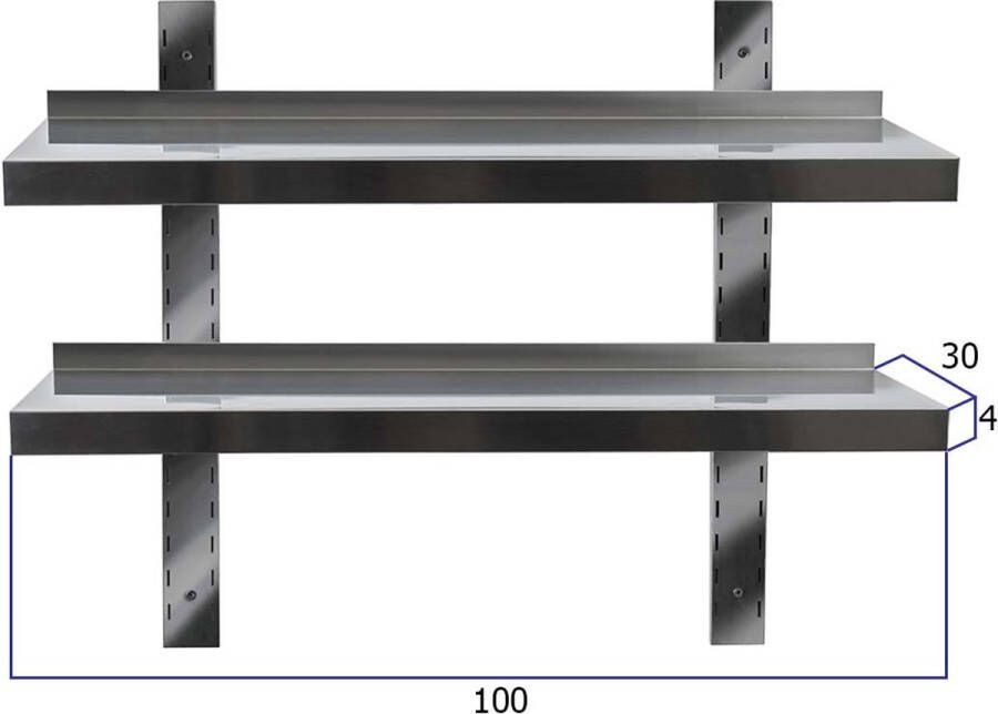 HCB Professionele Wandschap van metaal Dubbel wandschap 100 x 30 cm RVS Muurplank wandplank Horeca 100x30x3 cm (LxBxH)