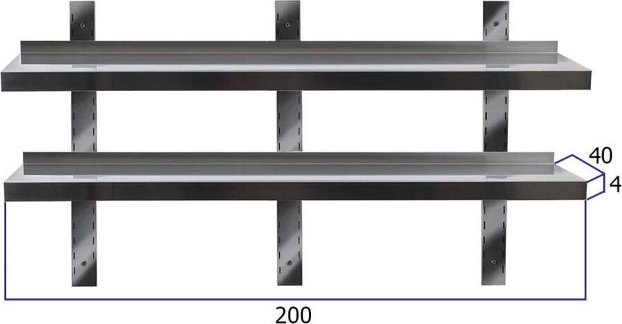 HCB Professionele Wandschap van metaal Dubbel wandschap RVS INOX Muurplank wandplank Horeca 40x200x4 cm (DxBxH) 15 kg 8732